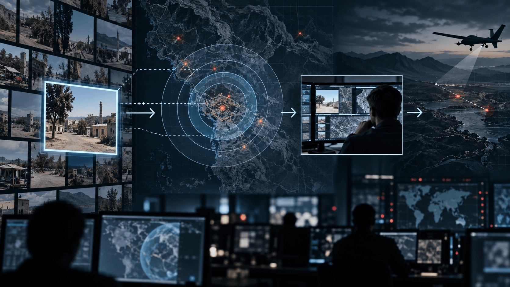 An intelligence analysis room linking public photographs to broad map probability rings, human review and a simulated drone.