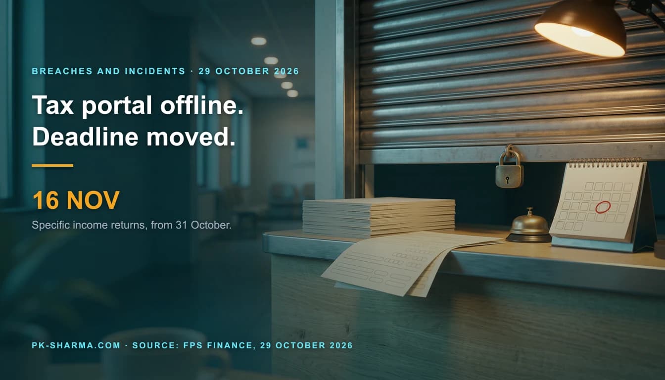 A tax office service counter in teal and amber light. A corrugated steel shutter is pulled down over the service window behind a brass padlock. On the counter are a stack of blank forms, a brass desk bell and a desk calendar with one square circled in red. The left half is calm dark teal, with the headline drawn over it: Tax portal offline, Deadline moved, 16 NOV.