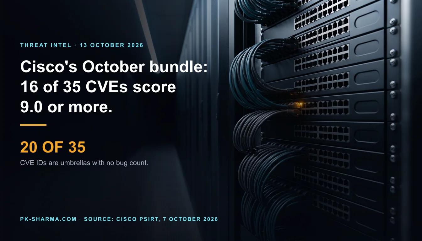 A dark data-centre aisle in cool blue light. A black rack on the right is filled with network switches whose faceplates carry empty port openings and blank pill-shaped recesses, with bundles of grey and teal patch cables falling in loops. One small amber port light glows on one switch. The left half is dark and empty and carries the headline, Cisco's October bundle, 16 of 35 CVEs score 9.0 or more, and the stat 20 of 35.