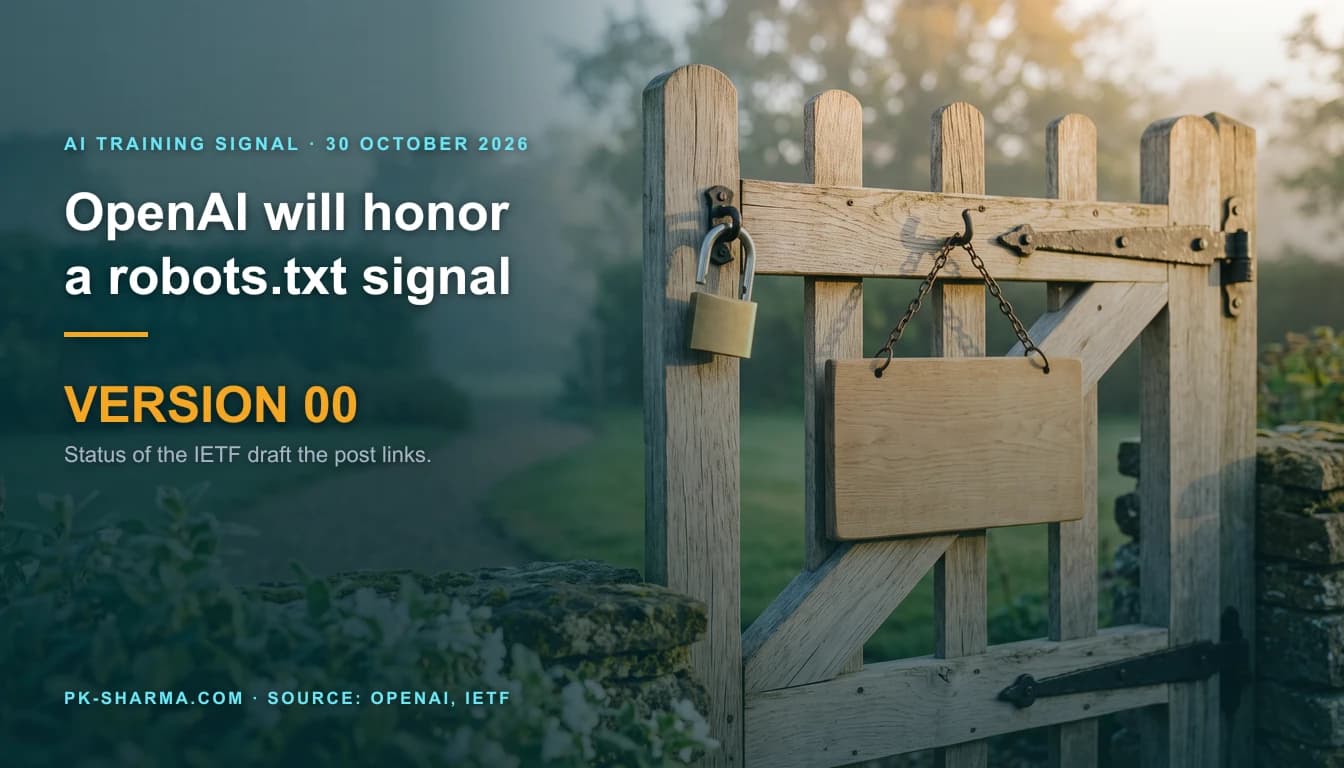 A small weathered oak garden gate in a low stone wall at early morning. A blank wooden signboard hangs from an iron hook on two short chains, and an open brass padlock hangs beside it. A gravel path winds away through misty lawn. On the left the headline reads: OpenAI will honor a robots.txt signal. VERSION 00, the status of the IETF draft the post links.