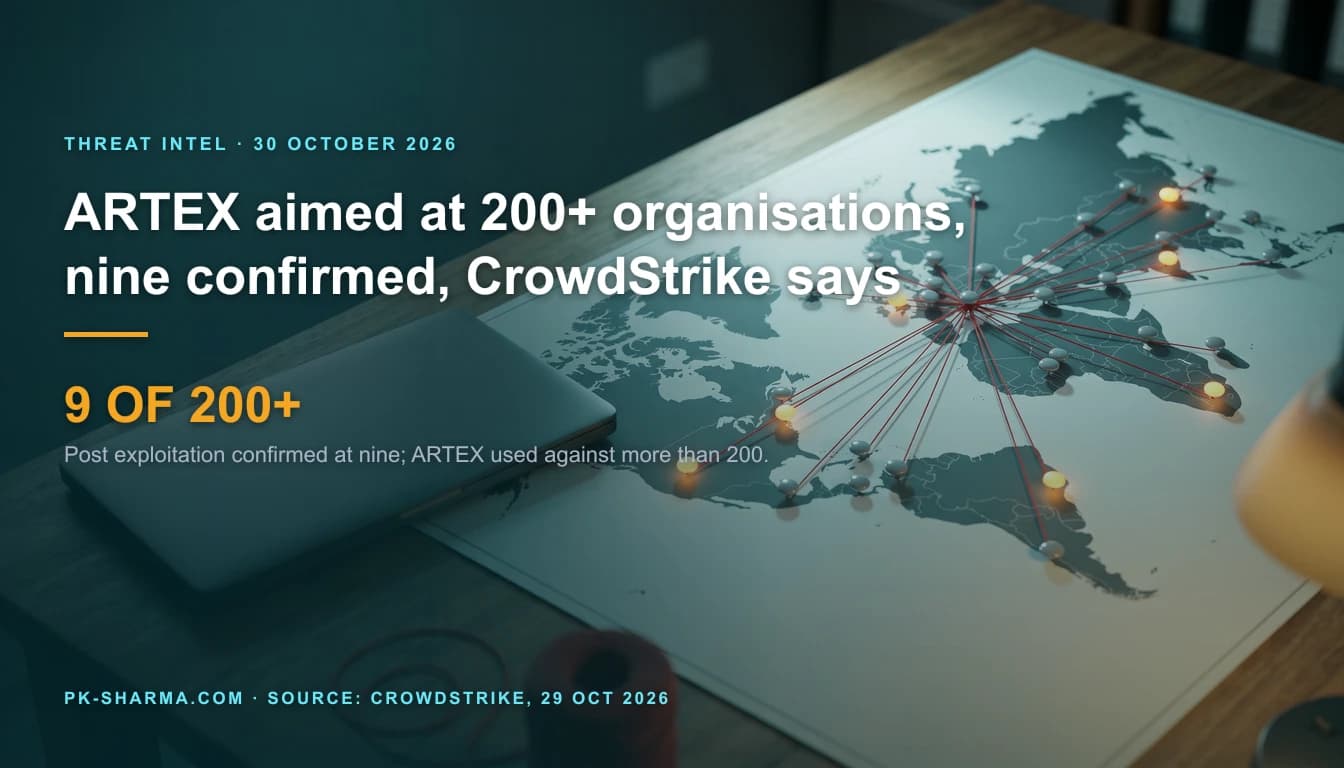 A planning table in cool teal light with a large blank world map, dozens of small silver pins joined by thin red thread that fans out from one point in Europe, several pins glowing amber, and a closed graphite laptop with a plain lid beside it, a spool of red thread blurred in the foreground. On the left the headline reads: ARTEX aimed at 200+ organisations, nine confirmed, CrowdStrike says. 9 OF 200+, post exploitation confirmed at nine.