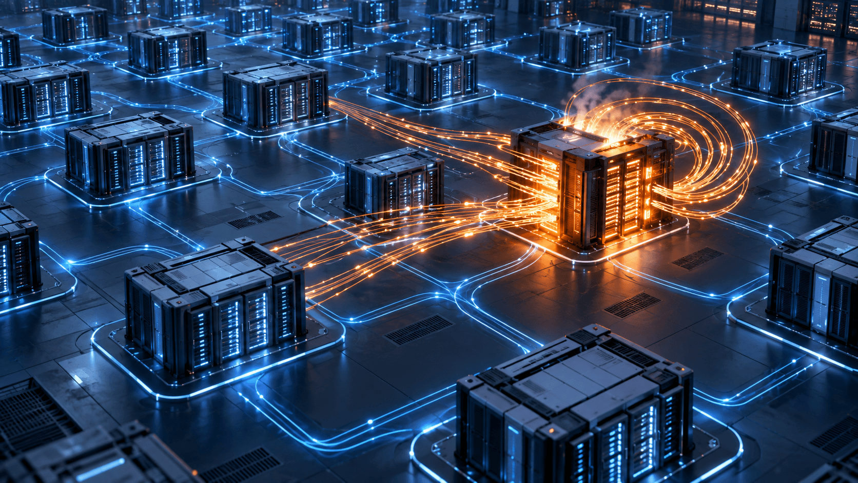 One overloaded orange server repeatedly receiving connections while surrounding blue servers remain lightly used.