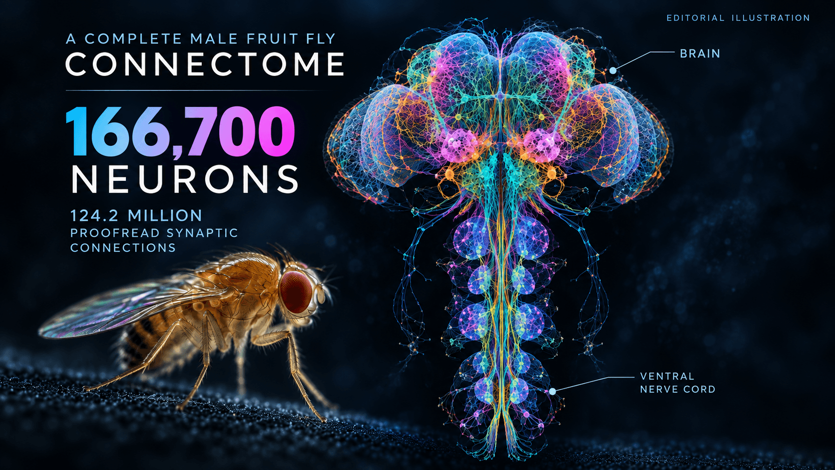 Editorial illustration of a male fruit fly beside a coloured map of its brain and ventral nerve cord, highlighting 166,700 neurons.